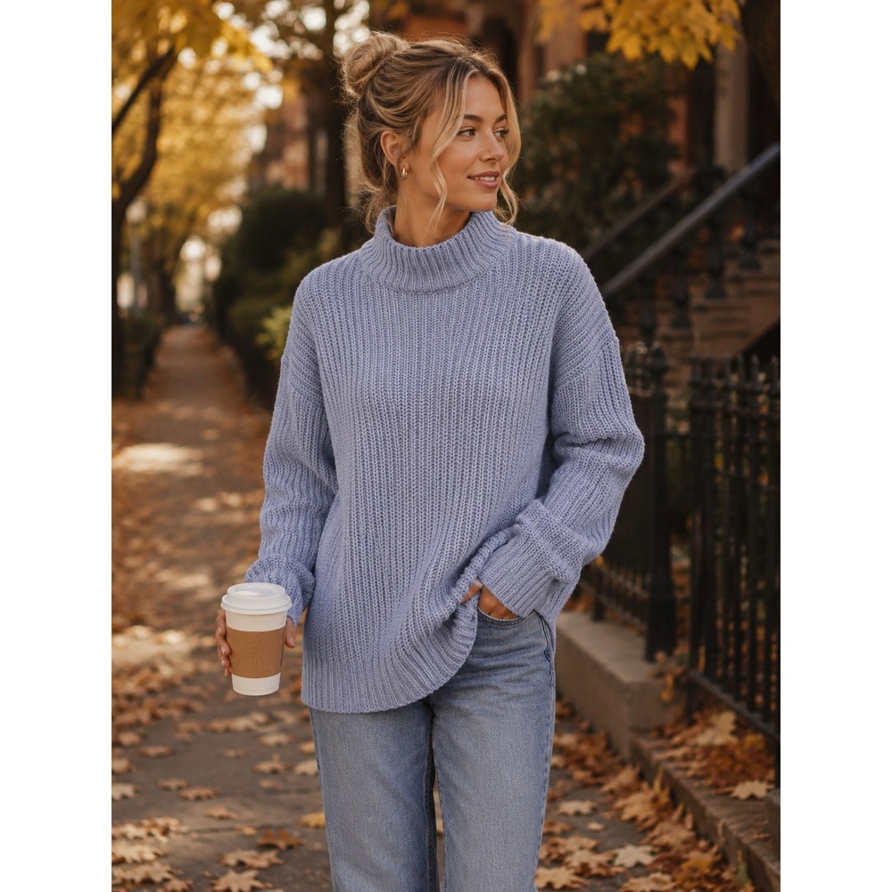 American Eagle Women Blue Mock Neck Shaker Stitch Tunic Sweater Medium